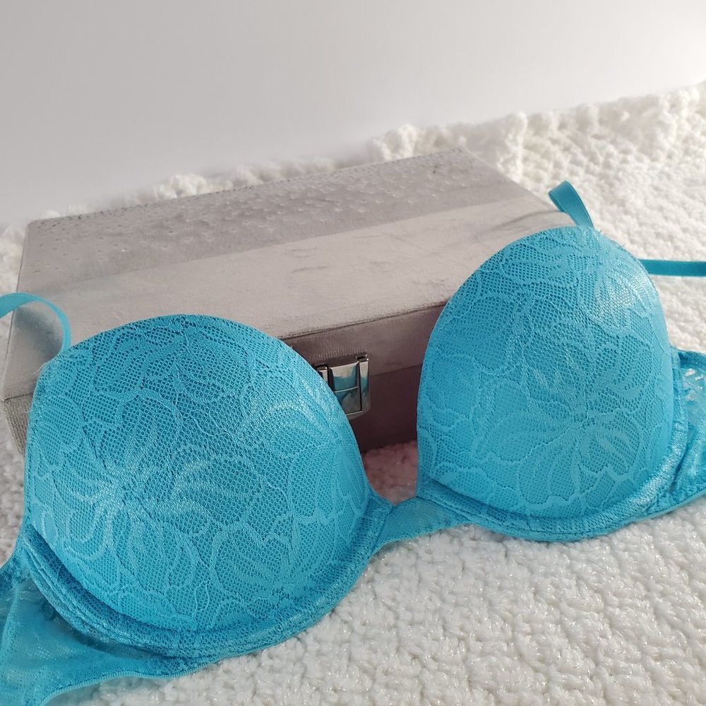 LaSenza REMIX Push Up Plunge Bra: Cyan Blue Lace with Hot Pink Lining